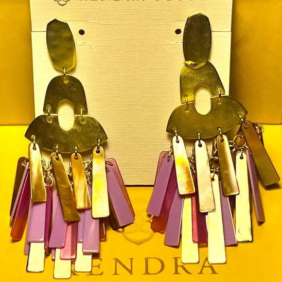 NWOT Kendra Scott Kitty Earrings Pink, Lavender & Pearl Mix Yellow Gold PERFECT! - Picture 9 of 13